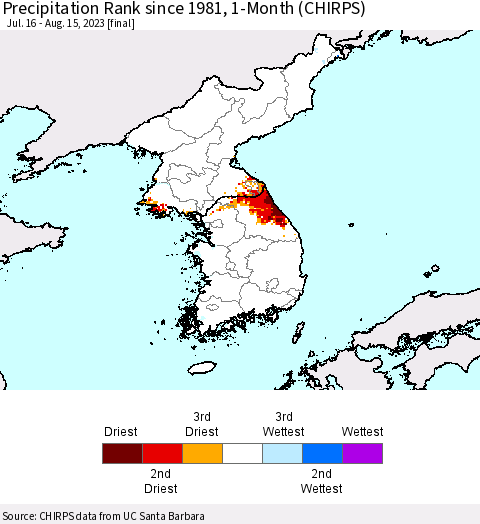 Korea Precipitation Rank since 1981, 1-Month (CHIRPS) Thematic Map For 7/16/2023 - 8/15/2023