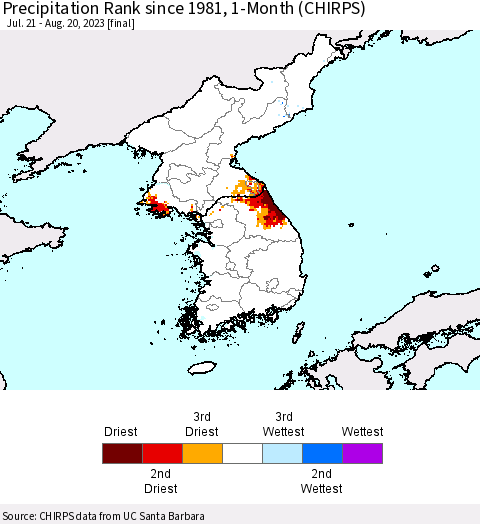 Korea Precipitation Rank since 1981, 1-Month (CHIRPS) Thematic Map For 7/21/2023 - 8/20/2023