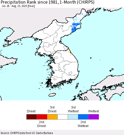 Korea Precipitation Rank since 1981, 1-Month (CHIRPS) Thematic Map For 7/26/2023 - 8/25/2023