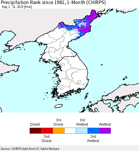 Korea Precipitation Rank since 1981, 1-Month (CHIRPS) Thematic Map For 8/1/2023 - 8/31/2023