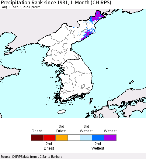 Korea Precipitation Rank since 1981, 1-Month (CHIRPS) Thematic Map For 8/6/2023 - 9/5/2023