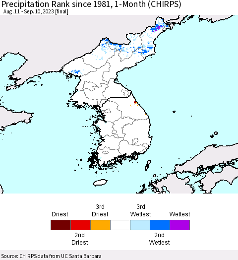 Korea Precipitation Rank since 1981, 1-Month (CHIRPS) Thematic Map For 8/11/2023 - 9/10/2023