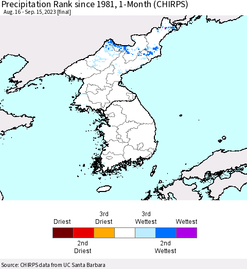 Korea Precipitation Rank since 1981, 1-Month (CHIRPS) Thematic Map For 8/16/2023 - 9/15/2023