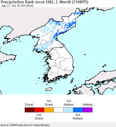 Korea Precipitation Rank since 1981, 1-Month (CHIRPS) Thematic Map For 8/21/2023 - 9/20/2023