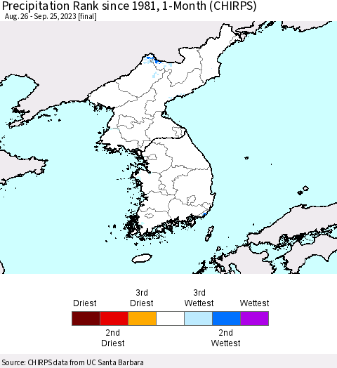 Korea Precipitation Rank since 1981, 1-Month (CHIRPS) Thematic Map For 8/26/2023 - 9/25/2023