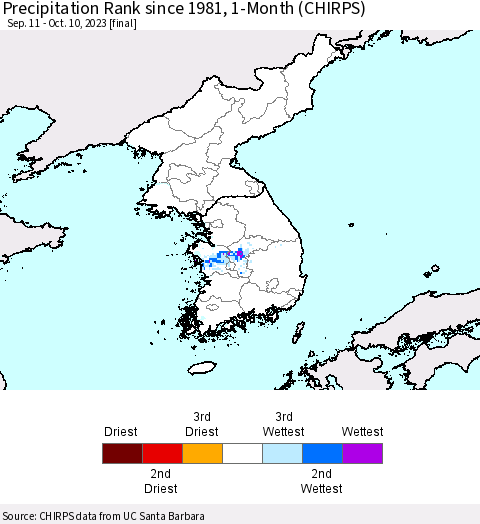 Korea Precipitation Rank since 1981, 1-Month (CHIRPS) Thematic Map For 9/11/2023 - 10/10/2023