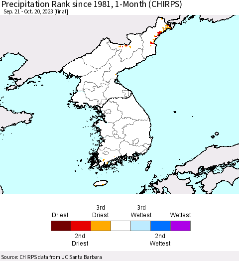 Korea Precipitation Rank since 1981, 1-Month (CHIRPS) Thematic Map For 9/21/2023 - 10/20/2023
