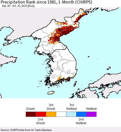 Korea Precipitation Rank since 1981, 1-Month (CHIRPS) Thematic Map For 9/26/2023 - 10/25/2023
