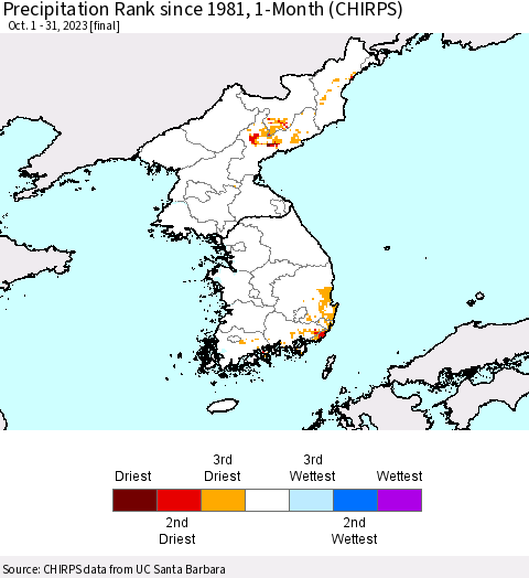 Korea Precipitation Rank since 1981, 1-Month (CHIRPS) Thematic Map For 10/1/2023 - 10/31/2023