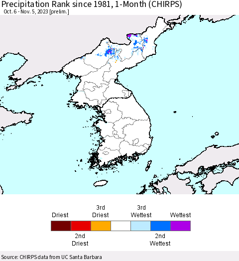 Korea Precipitation Rank since 1981, 1-Month (CHIRPS) Thematic Map For 10/6/2023 - 11/5/2023