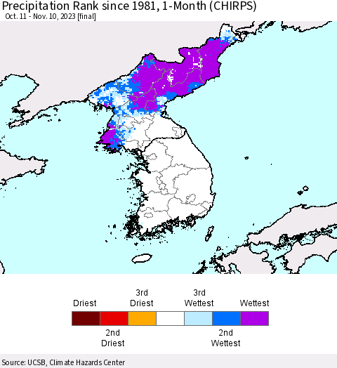 Korea Precipitation Rank since 1981, 1-Month (CHIRPS) Thematic Map For 10/11/2023 - 11/10/2023