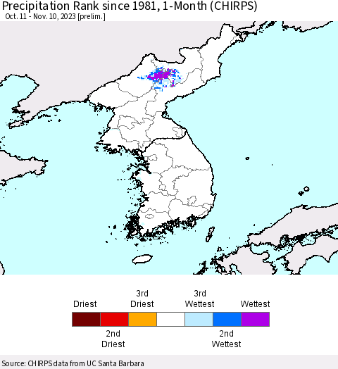 Korea Precipitation Rank since 1981, 1-Month (CHIRPS) Thematic Map For 10/11/2023 - 11/10/2023