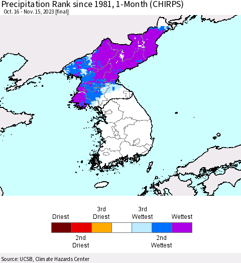 Korea Precipitation Rank since 1981, 1-Month (CHIRPS) Thematic Map For 10/16/2023 - 11/15/2023