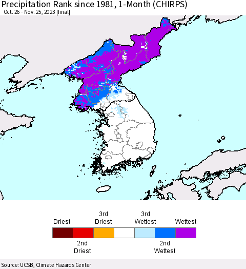 Korea Precipitation Rank since 1981, 1-Month (CHIRPS) Thematic Map For 10/26/2023 - 11/25/2023