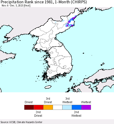 Korea Precipitation Rank since 1981, 1-Month (CHIRPS) Thematic Map For 11/6/2023 - 12/5/2023