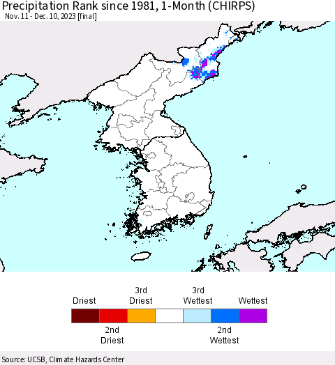 Korea Precipitation Rank since 1981, 1-Month (CHIRPS) Thematic Map For 11/11/2023 - 12/10/2023
