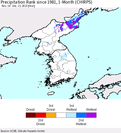 Korea Precipitation Rank since 1981, 1-Month (CHIRPS) Thematic Map For 11/16/2023 - 12/15/2023