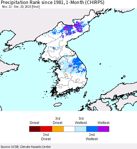 Korea Precipitation Rank since 1981, 1-Month (CHIRPS) Thematic Map For 11/21/2023 - 12/20/2023