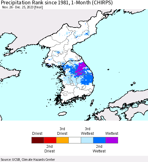Korea Precipitation Rank since 1981, 1-Month (CHIRPS) Thematic Map For 11/26/2023 - 12/25/2023