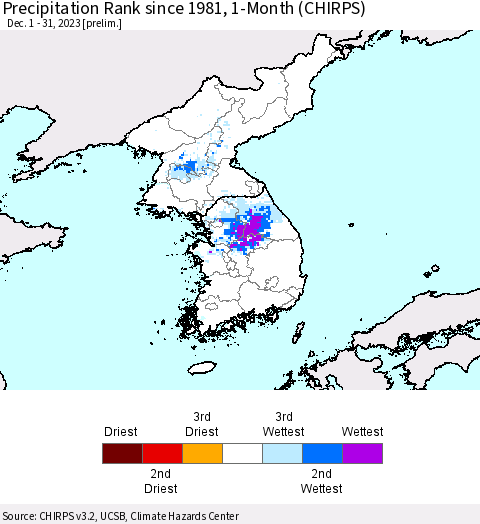 Korea Precipitation Rank since 1981, 1-Month (CHIRPS) Thematic Map For 12/1/2023 - 12/31/2023
