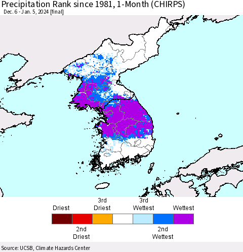 Korea Precipitation Rank since 1981, 1-Month (CHIRPS) Thematic Map For 12/6/2023 - 1/5/2024