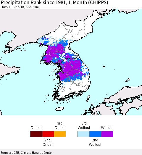 Korea Precipitation Rank since 1981, 1-Month (CHIRPS) Thematic Map For 12/11/2023 - 1/10/2024
