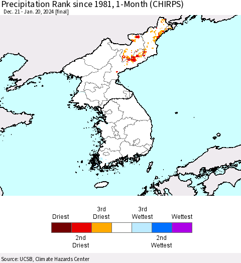 Korea Precipitation Rank since 1981, 1-Month (CHIRPS) Thematic Map For 12/21/2023 - 1/20/2024