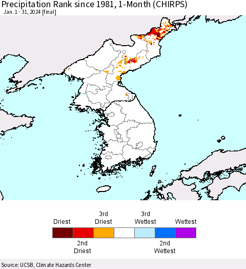 Korea Precipitation Rank since 1981, 1-Month (CHIRPS) Thematic Map For 1/1/2024 - 1/31/2024
