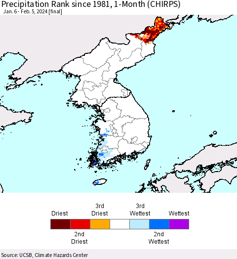 Korea Precipitation Rank since 1981, 1-Month (CHIRPS) Thematic Map For 1/6/2024 - 2/5/2024