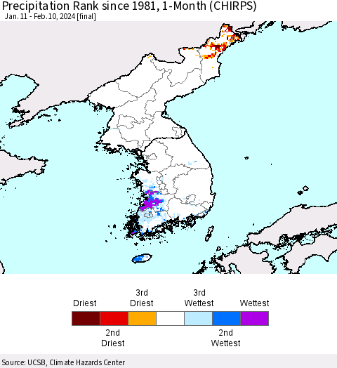 Korea Precipitation Rank since 1981, 1-Month (CHIRPS) Thematic Map For 1/11/2024 - 2/10/2024