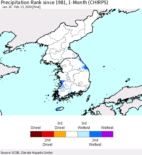 Korea Precipitation Rank since 1981, 1-Month (CHIRPS) Thematic Map For 1/16/2024 - 2/15/2024