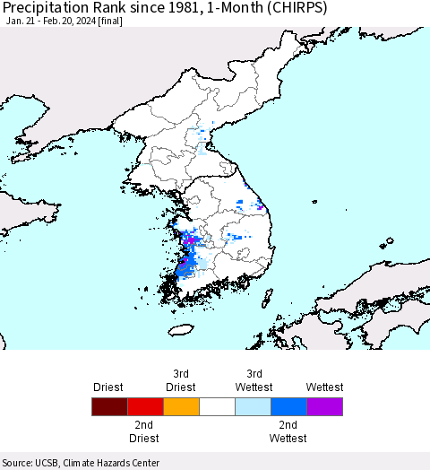 Korea Precipitation Rank since 1981, 1-Month (CHIRPS) Thematic Map For 1/21/2024 - 2/20/2024