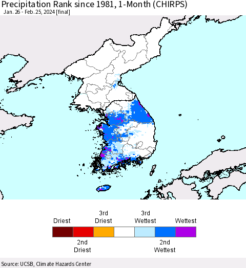 Korea Precipitation Rank since 1981, 1-Month (CHIRPS) Thematic Map For 1/26/2024 - 2/25/2024