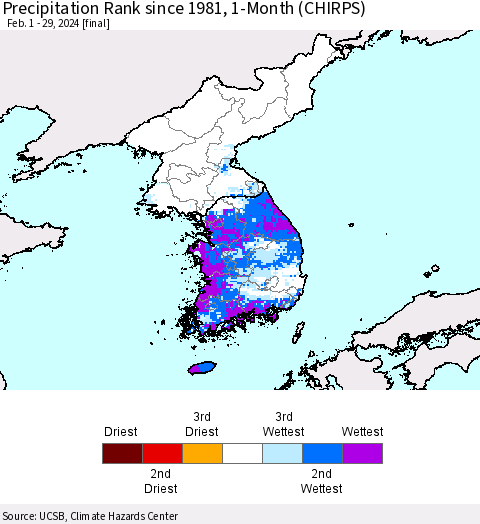 Korea Precipitation Rank since 1981, 1-Month (CHIRPS) Thematic Map For 2/1/2024 - 2/29/2024
