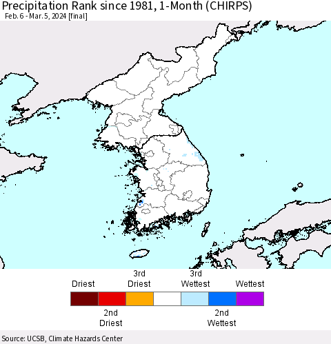 Korea Precipitation Rank since 1981, 1-Month (CHIRPS) Thematic Map For 2/6/2024 - 3/5/2024