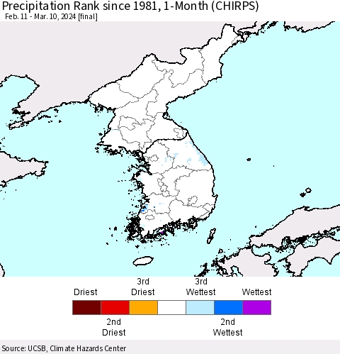 Korea Precipitation Rank since 1981, 1-Month (CHIRPS) Thematic Map For 2/11/2024 - 3/10/2024