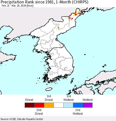 Korea Precipitation Rank since 1981, 1-Month (CHIRPS) Thematic Map For 2/21/2024 - 3/20/2024