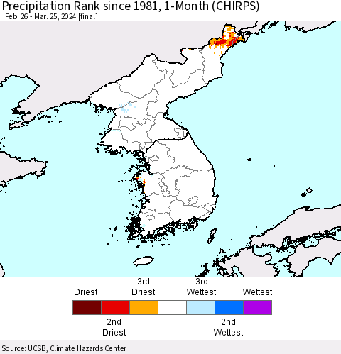 Korea Precipitation Rank since 1981, 1-Month (CHIRPS) Thematic Map For 2/26/2024 - 3/25/2024