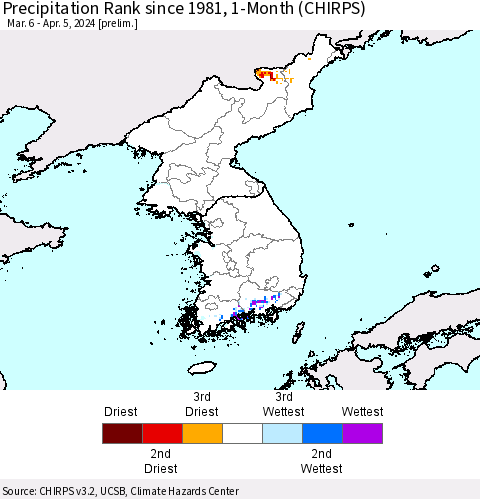 Korea Precipitation Rank since 1981, 1-Month (CHIRPS) Thematic Map For 3/6/2024 - 4/5/2024