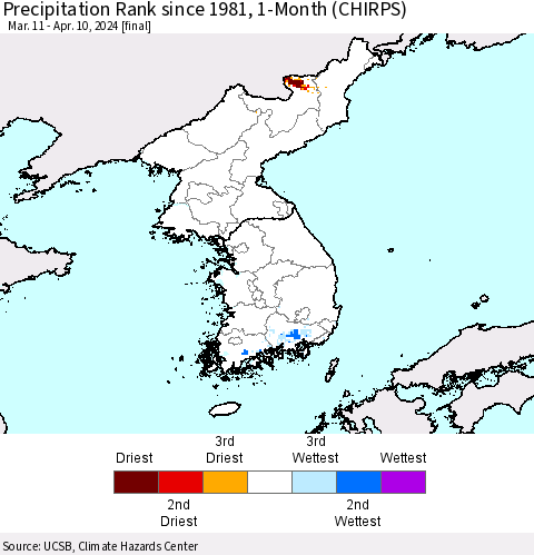 Korea Precipitation Rank since 1981, 1-Month (CHIRPS) Thematic Map For 3/11/2024 - 4/10/2024