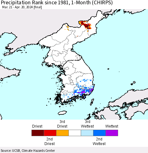 Korea Precipitation Rank since 1981, 1-Month (CHIRPS) Thematic Map For 3/21/2024 - 4/20/2024