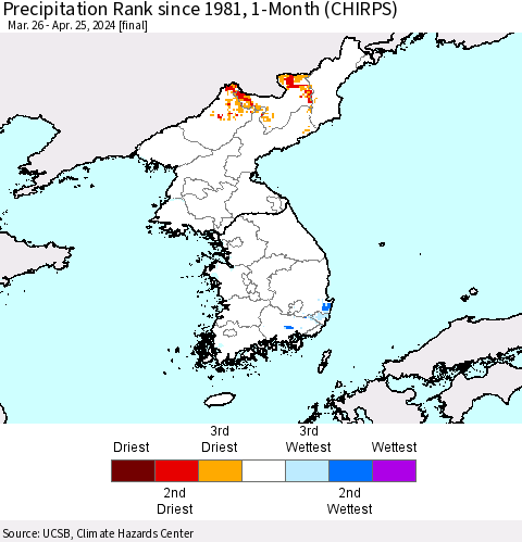 Korea Precipitation Rank since 1981, 1-Month (CHIRPS) Thematic Map For 3/26/2024 - 4/25/2024