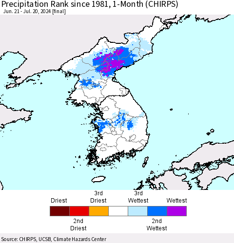 Korea Precipitation Rank since 1981, 1-Month (CHIRPS) Thematic Map For 6/21/2024 - 7/20/2024