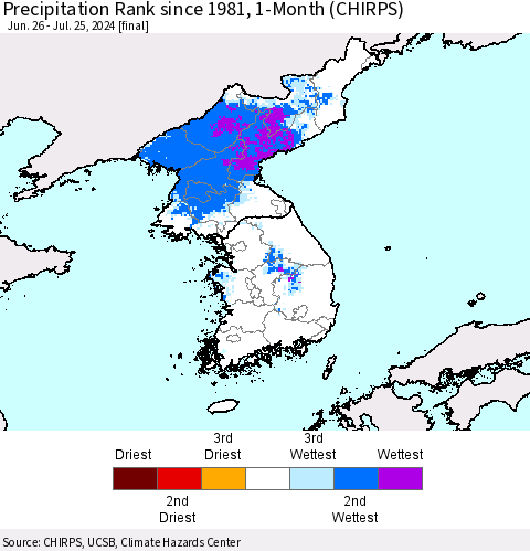 Korea Precipitation Rank since 1981, 1-Month (CHIRPS) Thematic Map For 6/26/2024 - 7/25/2024