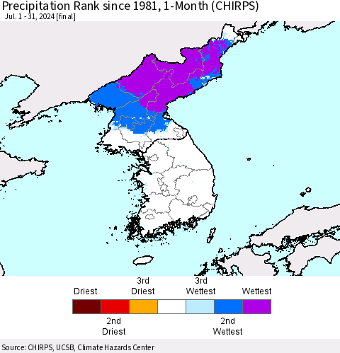 Korea Precipitation Rank since 1981, 1-Month (CHIRPS) Thematic Map For 7/1/2024 - 7/31/2024
