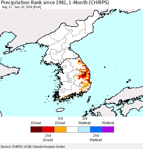 Korea Precipitation Rank since 1981, 1-Month (CHIRPS) Thematic Map For 8/11/2024 - 9/10/2024