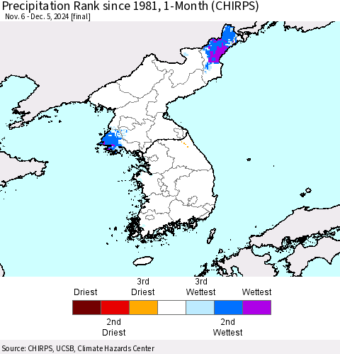 Korea Precipitation Rank since 1981, 1-Month (CHIRPS) Thematic Map For 11/6/2024 - 12/5/2024