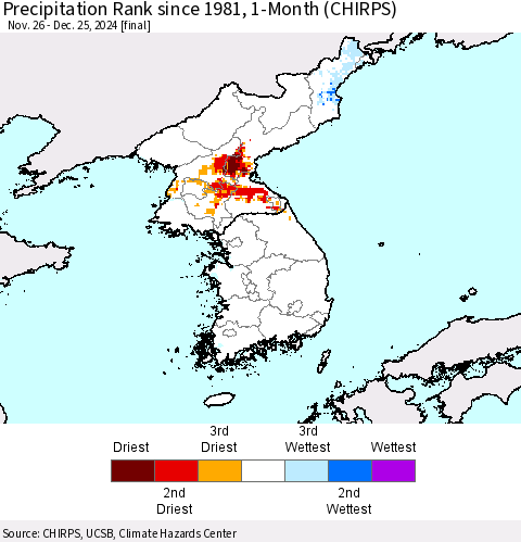 Korea Precipitation Rank since 1981, 1-Month (CHIRPS) Thematic Map For 11/26/2024 - 12/25/2024