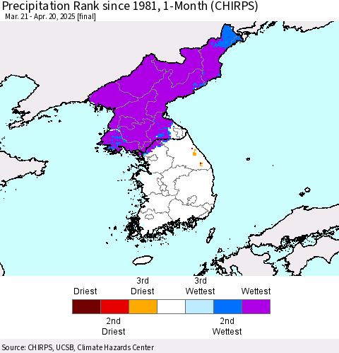 Korea Precipitation Rank since 1981, 1-Month (CHIRPS) Thematic Map For 3/21/2025 - 4/20/2025