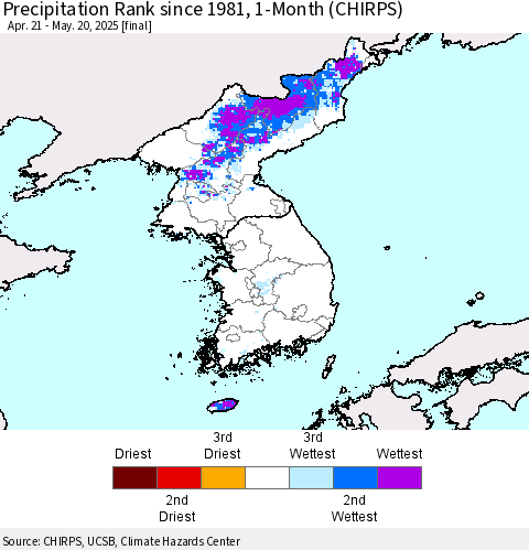 Korea Precipitation Rank since 1981, 1-Month (CHIRPS) Thematic Map For 4/21/2025 - 5/20/2025